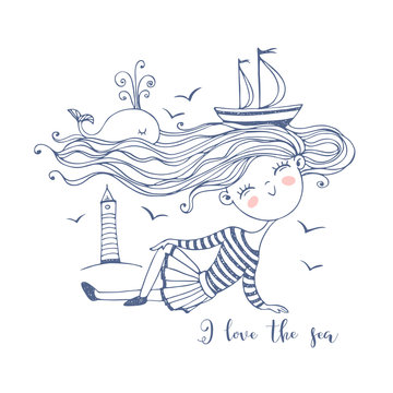 Cute little sailor girl. With an ocean of hair on which Ships and a whale swim. Doodle style. Vector