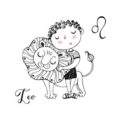 The zodiac sign Leo. Cute boy with a lion cub. Coloring. Vector