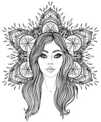 Tribal Fusion Boho Diva. Beautiful Asian divine girl with ornate crown, kokoshnik inspired. Bohemian goddess. Hand drawn elegant illustration. Lotus flower, ethnic art, patterned Indian paisley.