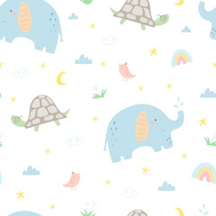 Seamless pattern with cute little elephant, turtle, bird. Creative scandinavian kids texture for fabric, wrapping, textile, wallpaper, apparel. Vector illustration. Vector print