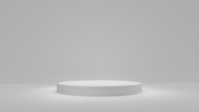 White product stand on white background. Abstract minimal geometry concept. Studio podium platform theme. Exhibition and business marketing presentation stage. 3D illustration rendering graphic design © Shutter2U
