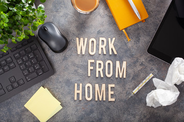 work from home text desk with keyboard computer smartphone notebook houseplants, workspace office at home