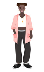 Teen woman wearing stylish clothes vector, isolated lady afro american teenager. Young lady with hairstyle, trousers and sweater pretty character