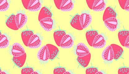 Seamless pattern of Strawberrys virtual background for Zoom. Whole and sliced pink Strawberry berry on yellow background for patterns. Abstract bright colors vector design illustration