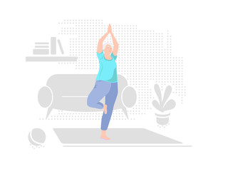 Elderly woman alone doing yoga at home. Indoor retired leisure. Active healthy lifestyle quarantined. Sport, fitness for senior person. Balance training. Old character exercises vector illustration