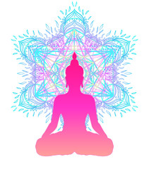Fototapeta na wymiar Chakra concept. Inner love, light and peace. Buddha silhouette in lotus position over colorful ornate mandala. Vector illustration isolated. Buddhism esoteric motifs. Tattoo, spiritual yoga.