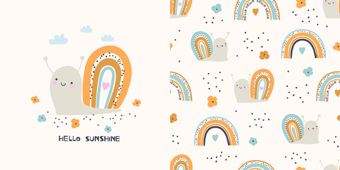 Cute little snail. T-shirt design and seamless pattern for kids