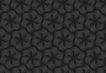 Black seamless pattern of twisted hexagonal stripes. Vector dark repeating background illustration.