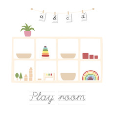 montessori, room, toys, child, kids, education, wooden, play, shelf, illustration, neutral, interior, natural, work, toys, icon, set, design, vector, business, art