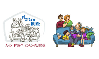 Motivational poster about coronavirus outbreak. The family of parents, children, grandparents, pets remain calm and stay at home to stop the spread of the pandemic. You save lives - inspirational slog