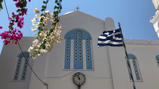 White church of Chora village in Ios island, Greece.