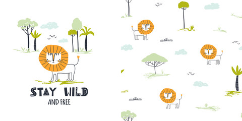 Stay wild. Cute little lion. T-shirt design and seamless pattern