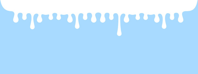 milk drops flowing on banner blue pastel soft, white milk drops dripping down from top, milk liquid splash splashing, fluid milk droplet strips, white ink drop fluid on blue, white drop splash blob