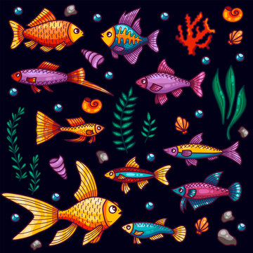 Fish doodle cartoon icons marine sea vector set