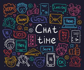Chat time cartoon, doodle, vector clip art, set of elements, stickers, icons. Speech bubble, message, emoji, letter, gadget. Black monochrome design. Isolated on dark background. 