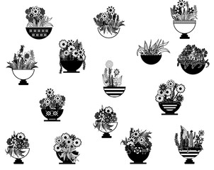 collection of hand drawing flowers in pot, decorative home gardening natural decoration, line black and white art