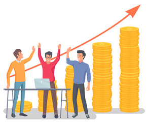 Group of people giving high five. Business partners working together, teamwork. Financial growth chart with arrow going up, income investments concept vector