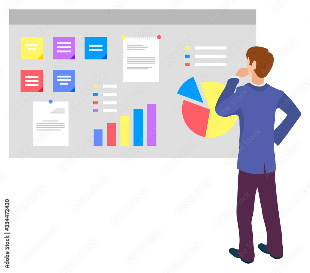 Poster man wearing formal clothes looking at charts on whiteboard screen vector, male character with infoch