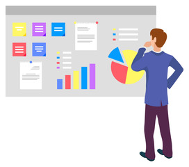 Man wearing formal clothes looking at charts on whiteboard screen vector, male character with infocharts. Data information in visual form presentation