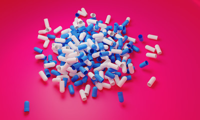 Capsule medicine pills, health pharmacy concept. Drugs for treatment medication. Heap of blue white color capsules on pink background. 3d illustration