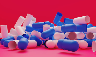 Capsule medicine pills, health pharmacy concept. Drugs for treatment medication. Heap of blue white color capsules on pink background. 3d illustration