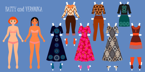 Two girls with clothes that can be changed. The dolls are ready to cut and play. Vector illustration.