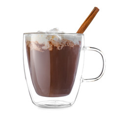 Cup of hot chocolate on white background