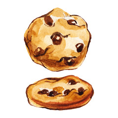 Watercolor hand drawn american cookies with chocolate chips illustration set isolated on white background. Side and top view.