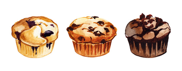 Watercolor hand drawn different muffins illustration set isolated on white background. Side view.