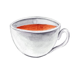 Watercolor hand drawn cup of black tea illustration isolated on white background. Side view.