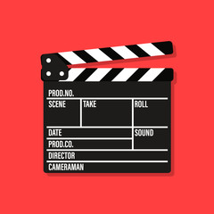 Obraz premium Film clapper board icon on yellow background with shadow. Blank movie clapper cinema vector illustration