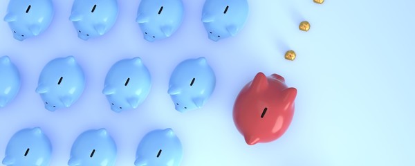 Red piggy bank follows gold path on a blue background - 334473817