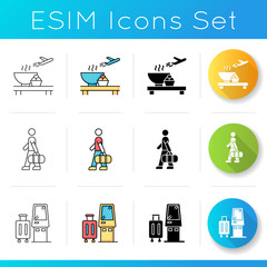 Airport terminal icons set. Serving food in aircraft terminal cafe. Eat before flight. Male passenger with bag. Self service kiosk. Linear, black and RGB color styles. Isolated vector illustrations