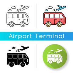 Travel means icon. Transportation types for traveling. Public transport station for tourism. Bus ride. Airplane departure. Linear black and RGB color styles. Isolated vector illustrations