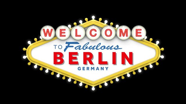 Welcome to Berlin sign in classic retro las vegas style design . 3D Render