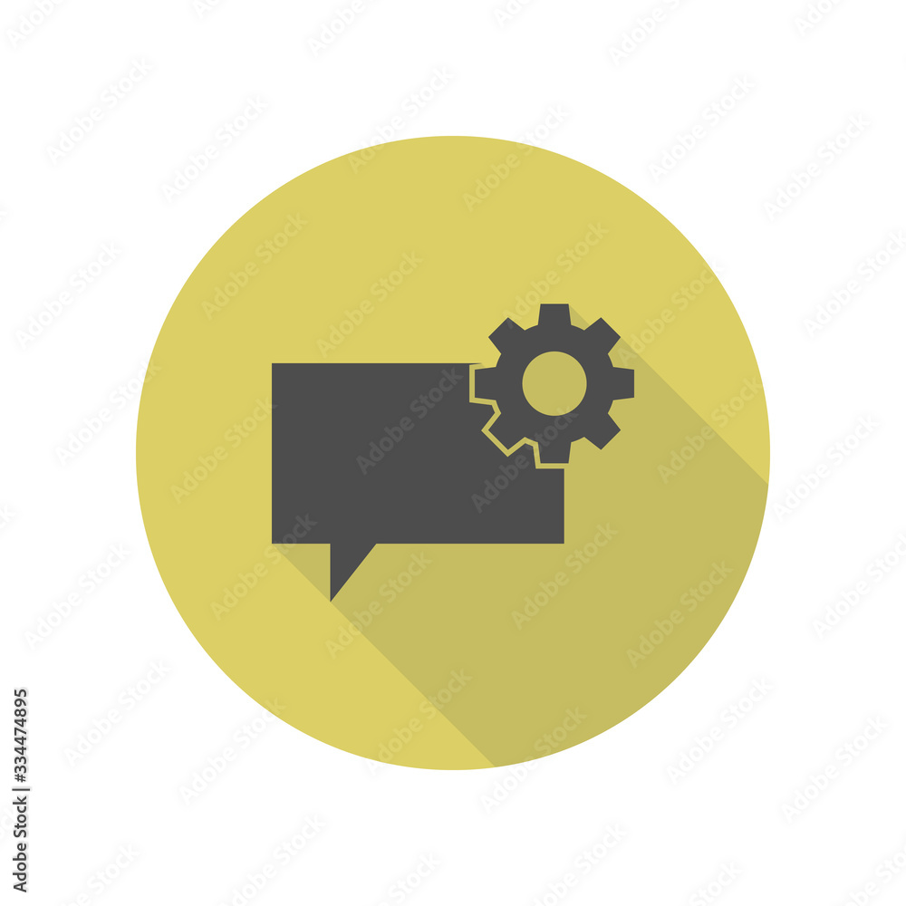 Poster bubbles of communication with the sign of the gear long shadow icon. simple glyph, flat vector of we