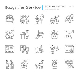 Babysitter service pixel perfect linear icons set. Night time nanny for infant kid. Full time child care. Customizable thin line contour symbols. Isolated vector outline illustrations. Editable stroke