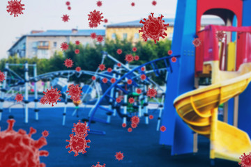 Coronavirus 3d illustration with blurred children playground on background. Covid-19 danger of infection concept with red microscopic viruses cells. Horizontal banner with selective focus.