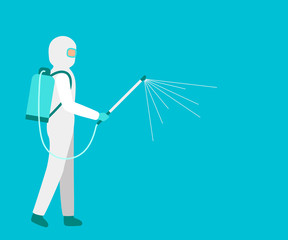 Man worker in white hazmat suit cleaning and disinfecting virus. Coronavirus epidemic spray disinfection. Protection against spread of virus during pandemic to maintain health. Vector illustration