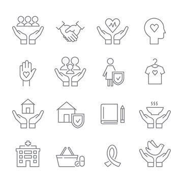 Social Work and Care, Family and Woman Protection, Charity and Donation. Flat Line Vector Icons