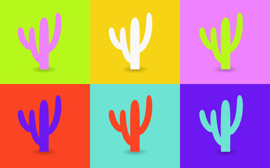 Fototapeta na wymiar Pop art style cactus vector pattern on multiple and repeated colorful psychedelic background.