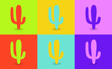 Pop art style cactus vector pattern on multiple and repeated colorful psychedelic background.