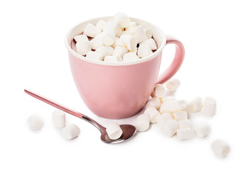 Cup of hot chocolate with marshmallows on white background