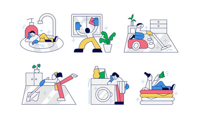 Collection of funny people doing housework. Set of men and women washing dishes, cleaning windows, vacuuming, folding clothes, mop the floor and laundering. Flat cartoon vector illustration.