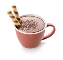 Cup of hot chocolate on white background