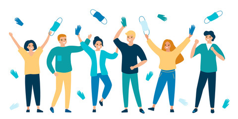 Group of people are happy ending quarantine, disease, virus. Leaving home, communication, restoration, freedom. Women and men throw away protective gloves and respiratory masks. Vector illustration