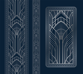 Silver art deco panel and border with ornament on dark blue background