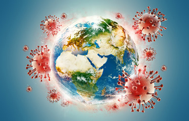 Obraz na płótnie Canvas High resolution Coronavirus concept, infected world or earth. Dangerous asian ncov corona virus. Red and teal background. 3d rendering