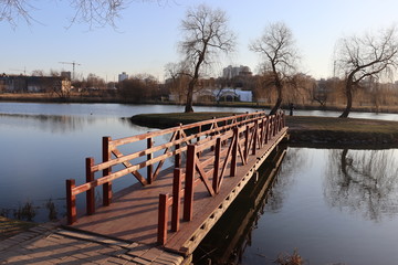 Obraz premium wooden lake pier in spring park