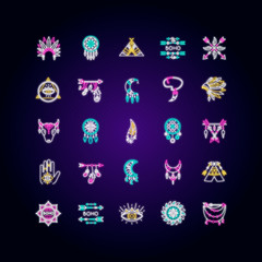 Boho style neon light icons set. Native American Indian amulets. Dreamcatcher ethnic charms. Vintage pendant. Signs with outer glowing effect. Vector isolated RGB color illustrations